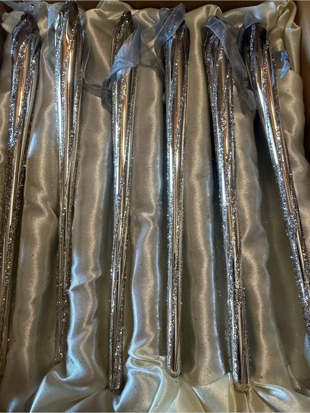 6 Boxed Silver Glass Icicle Vintage Frontgate Holiday Collection Ornaments